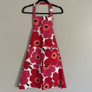 Marimekko Floral Apron White Red Pink Poppy Cotton Adjustable Pockets Retro